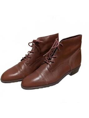 Vintage 90s Brown Leather Ankle Boots Minimalist Lace Up Size 10